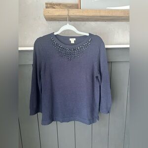 J. Crew Dark Blue Starburst Beaded Collar Wool Sweater size M